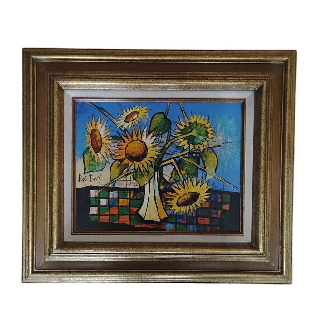 Pat Davis Sunflowers Oil On Canvas Painting Signed Gold Brown Framed Floral